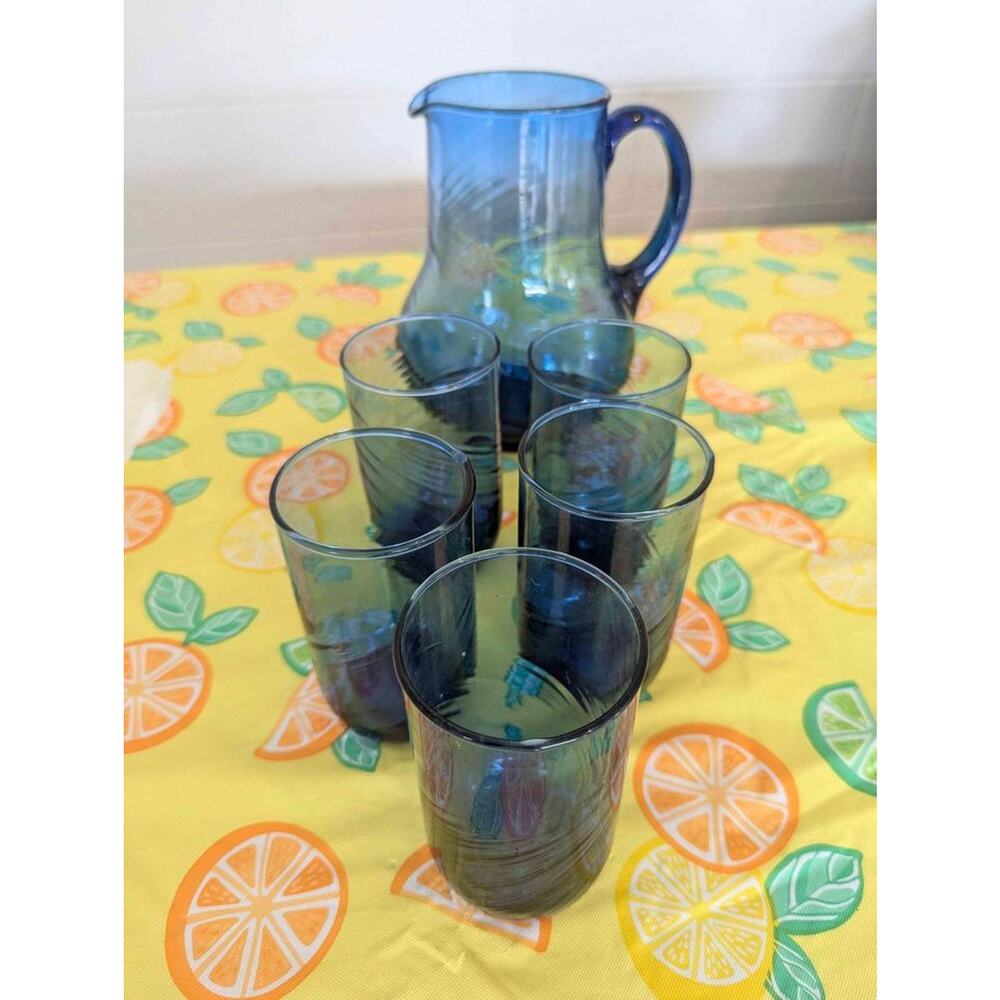 Vintage Handblown Cobalt Blue Swirl Pitcher 5 Juice Glasses Vitro Mosa Mexico